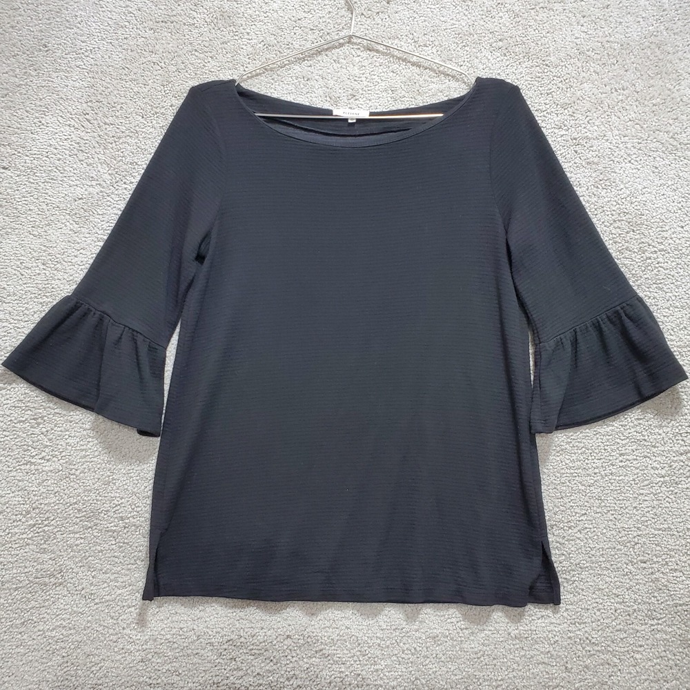 Pleione Blouse Women's XS Black Striped Rayon Stretch Knit Bell Sleeve Boat Neck